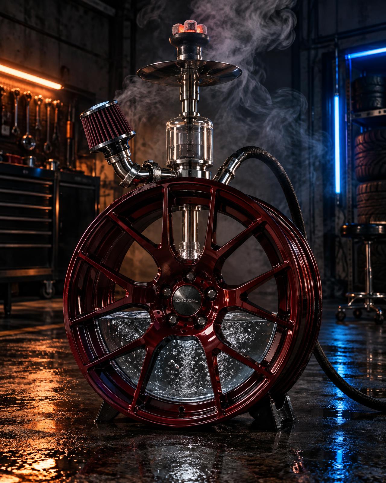 Bordeauxrote Felgen-Shisha mit Sportfilter und Wasser-Tank